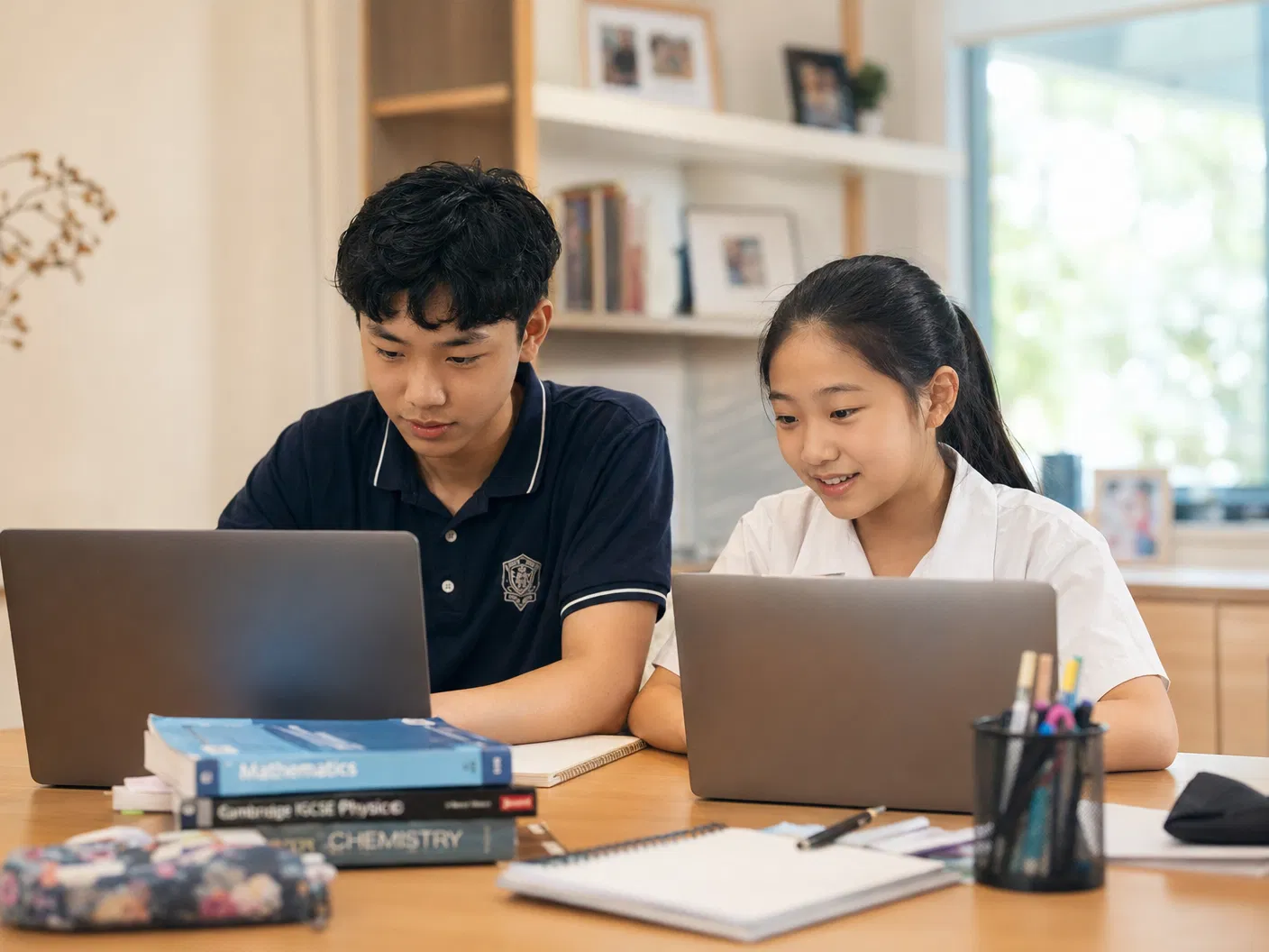 Two Chinese Australian students studying together at laptop with textbooks