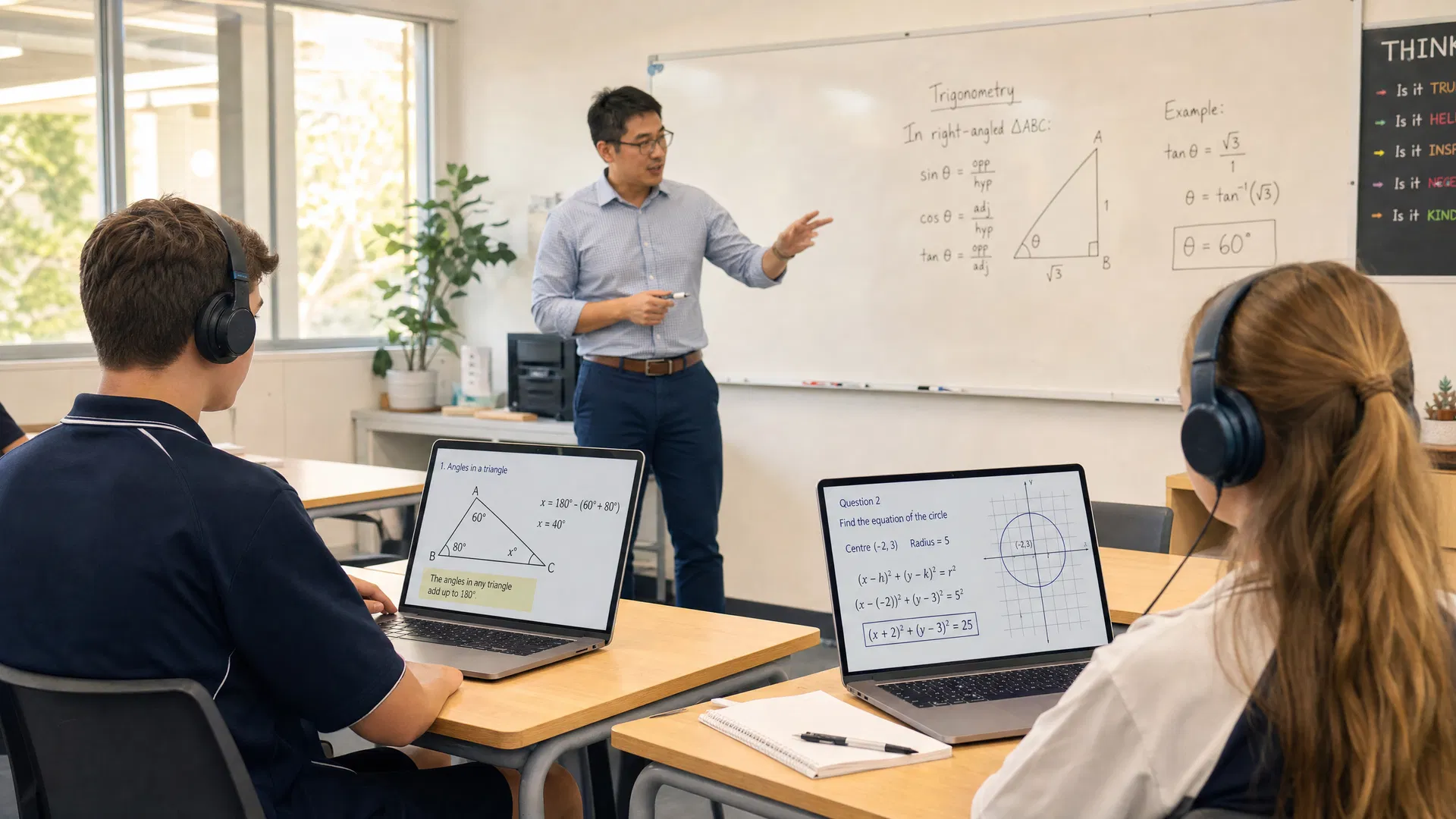 Modern Australian classroom with teacher explaining concepts while students use Mentiva AI tutoring