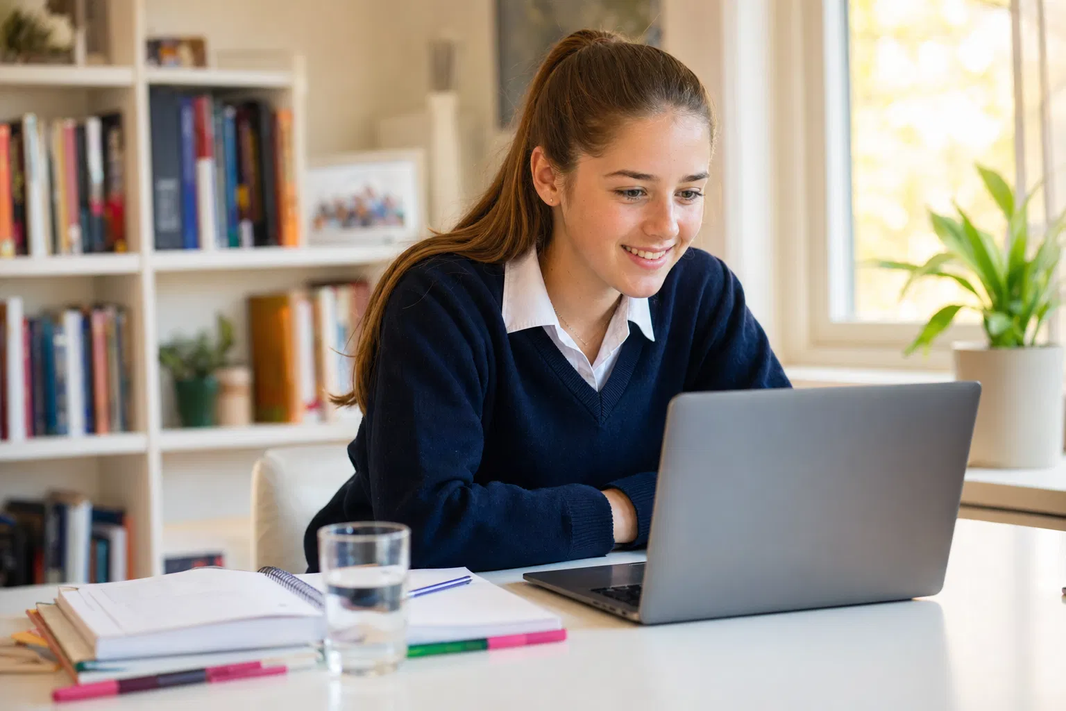 16-year-old Australian student in navy school uniform studying at laptop with Mentiva AI tutor